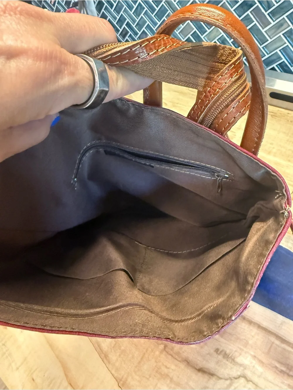 Leather Convertible Sling/Backpack in Burgundy with Tan Strap